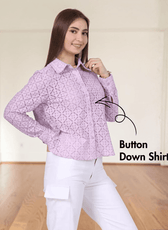 Close-up of pink lace collared shirt with detailed pattern, illustrating sewing pattern 'Aspen' for clothing