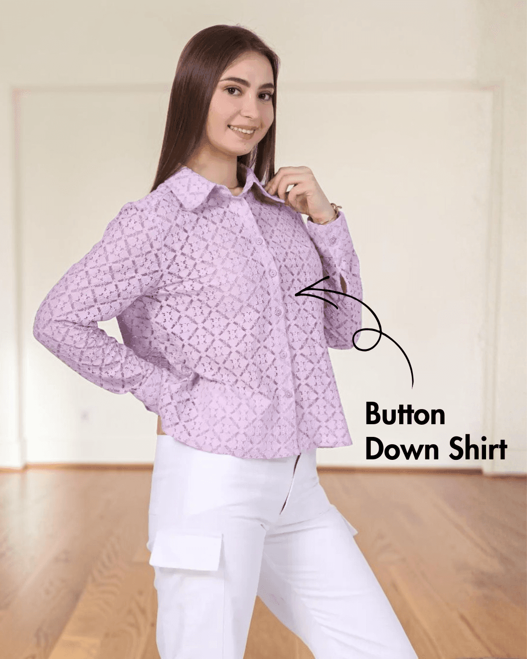 Close-up of pink lace collared shirt with detailed pattern, illustrating sewing pattern 'Aspen' for clothing