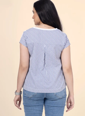 Back view of a V-neck relaxed top featuring a striped panel and pleated detail. A stylish and comfortable sewing pattern from Winslet's.