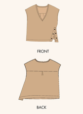Technical illustration of the V-neck relaxed top sewing pattern, showing front and back views. Includes side button details and a pleated back panel.
