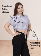Model showcasing blue striped cropped shirt with adjustable drawstring hem
