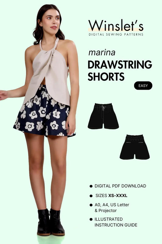 Cover image of a model wearing high-waisted drawstring shorts sewn with Winslet's 'Marina' pattern, featuring a relaxed fit and side pockets