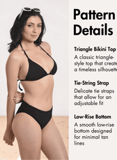 Pattern details of black triangle bikini top with tie-string straps and low-rise bottoms