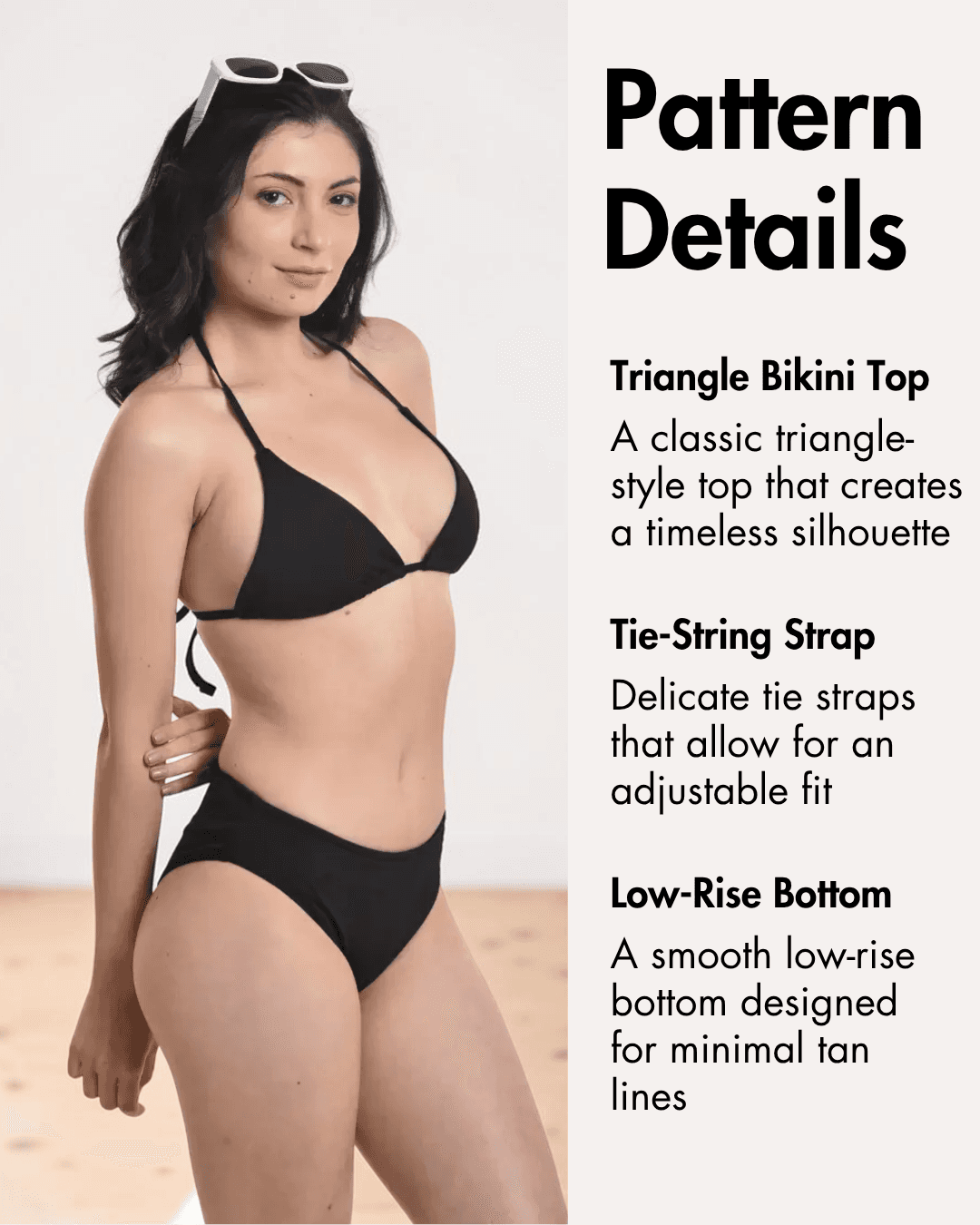 Pattern details of black triangle bikini top with tie-string straps and low-rise bottoms