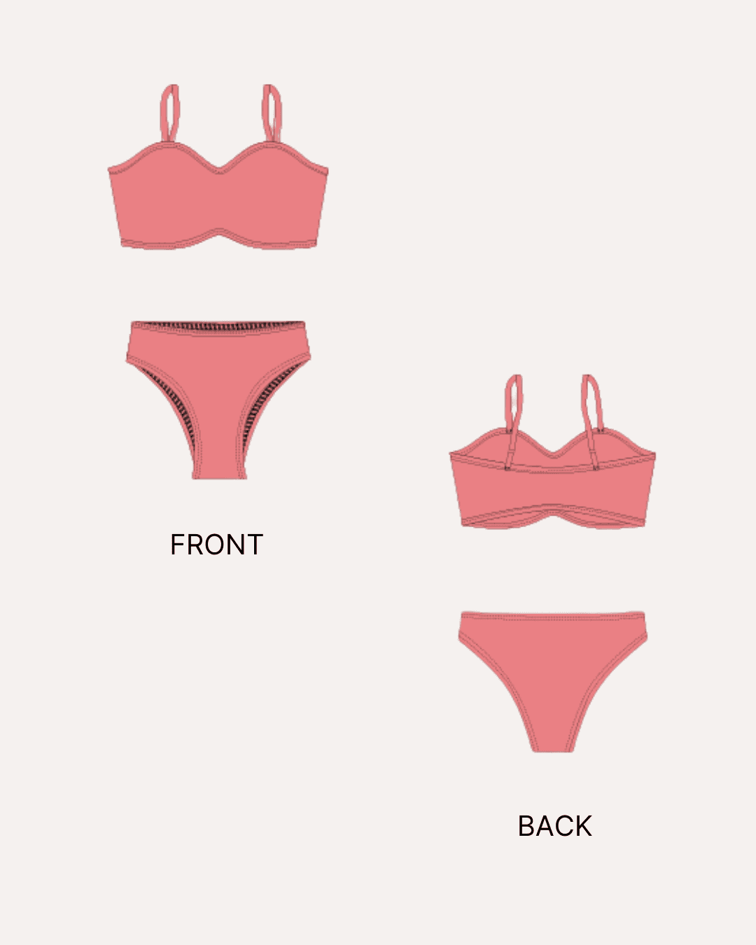Sewing pattern illustrations for two-piece bikini set 'Masha' with front and back views