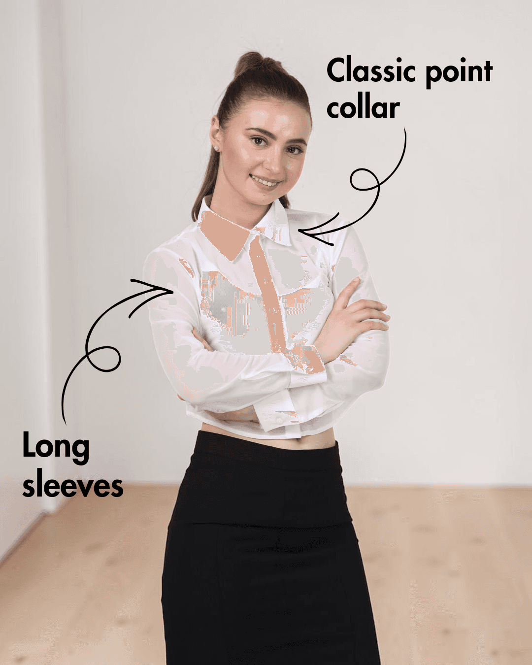 Model wearing white cropped shirt with classic collar and long sleeves