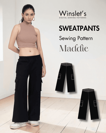 Women's Y2K sweatpants sewing pattern Maddie with cargo pockets and elastic waistband