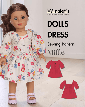 Doll dress sewing pattern for Millie with floral fabric and puff sleeves