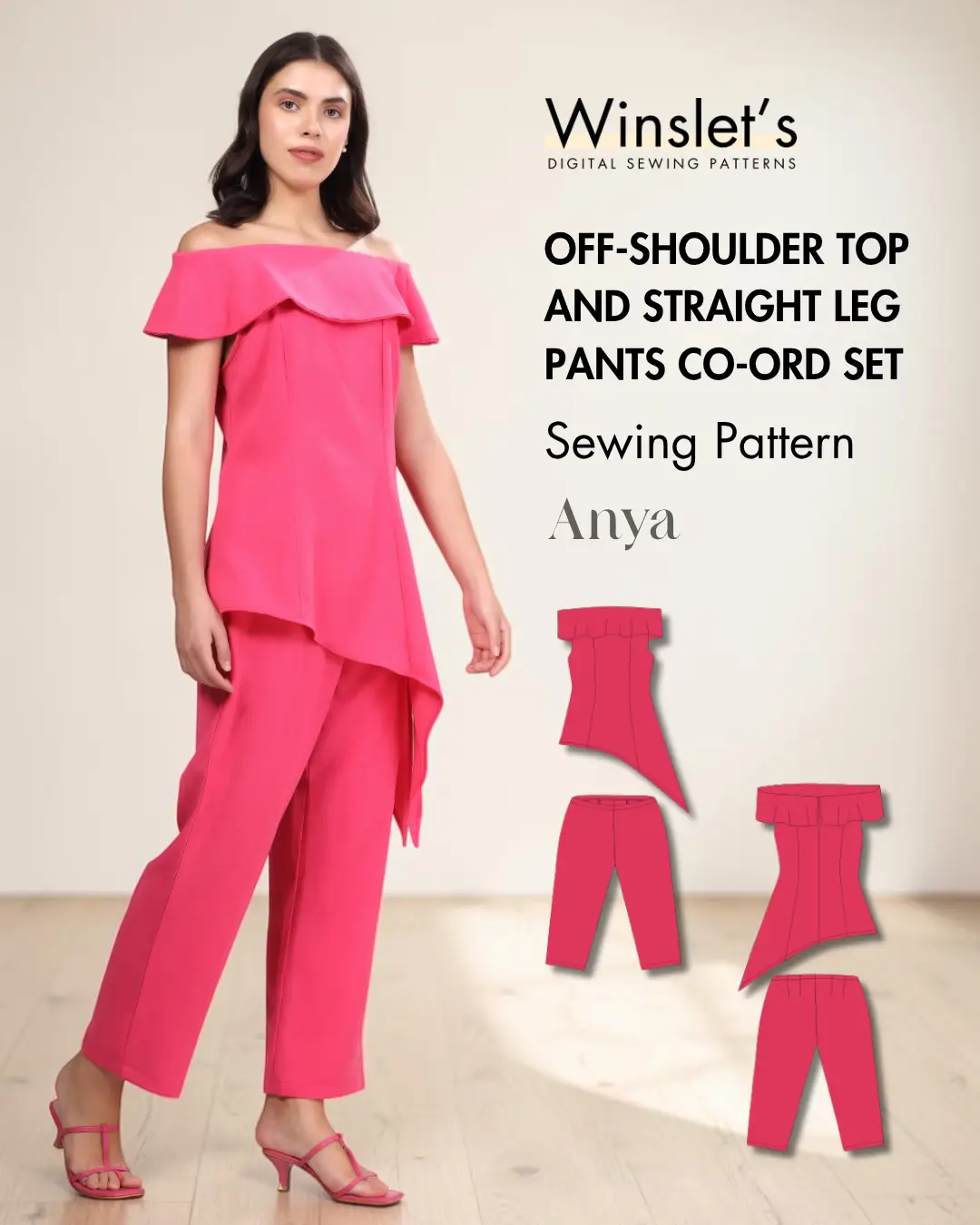 Off-shoulder Top and Straight Leg Pants Co-ord Set Sewing Pattern 'Anya'