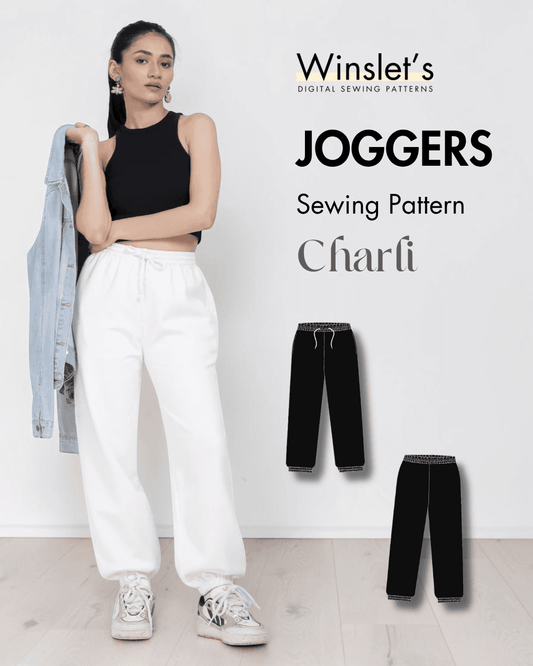Women's Joggers Sewing Pattern 'Charli' PDF with relaxed fit, elastic waistband, cuffed ankles, and black and white fabric options