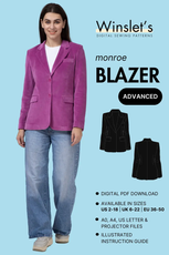 Women's Blazer Sewing Pattern 'Monroe' from Winslet's, featuring a tailored fit with notched lapels and flap pockets. Available in digital formats A0, A4, Letter, and Projector files.