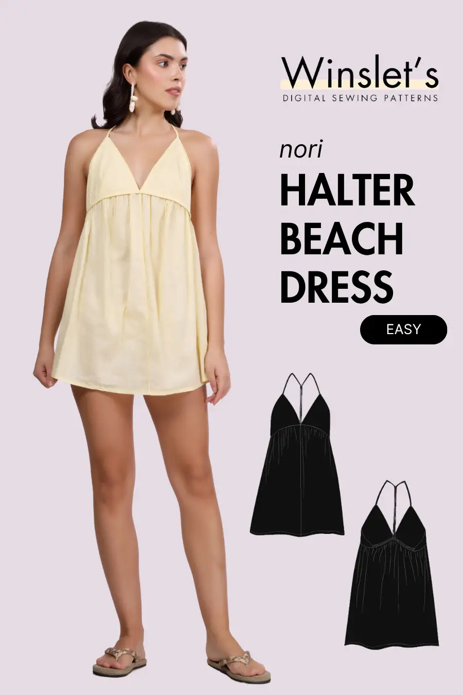 Halter Neck Beachwear Mini Dress PDF Women's Swimwear Sewing Pattern with strappy V-neck design and elastic back, ideal for beach cover-ups.