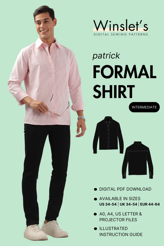 Men's Formal Shirt Sewing Pattern 'Patrick' from Winslet's. Digital PDF download with sizes US 34-54, UK 34-54, EU 44-64. Includes A0, A4, Letter, and Projector files.