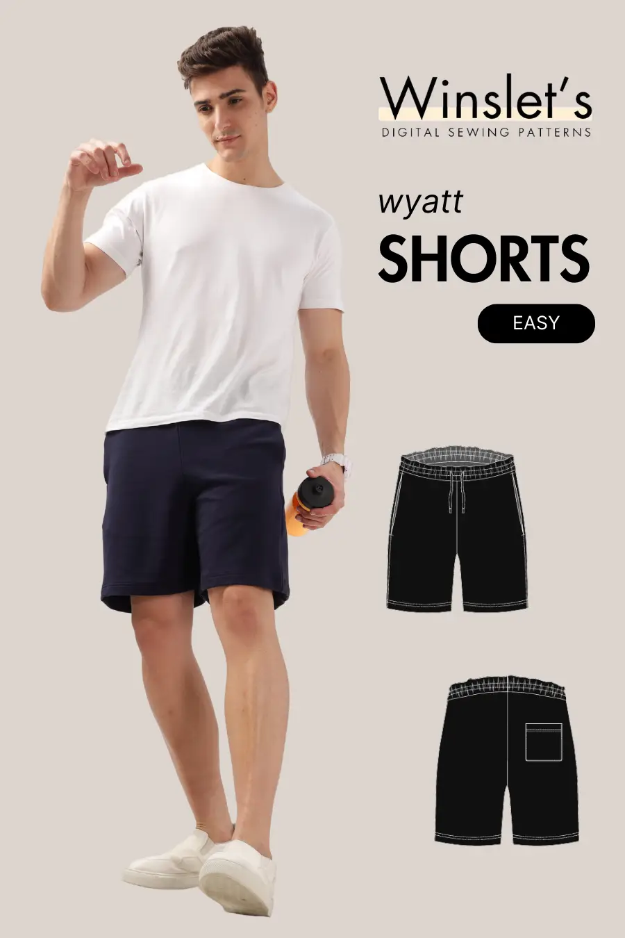 Men's Shorts Sewing Pattern PDF for activewear featuring mid-thigh length, elastic waistband, drawstrings, and side patch pockets.