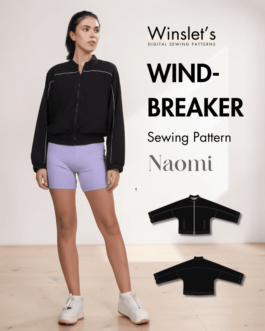 Women's windbreaker jacket sewing pattern Naomi with full zipper and elastic cuffs
