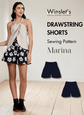 Women's navy drawstring shorts with white floral pattern for sewing pattern