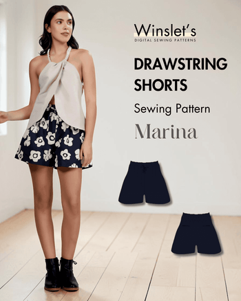 Women's navy drawstring shorts with white floral pattern for sewing pattern