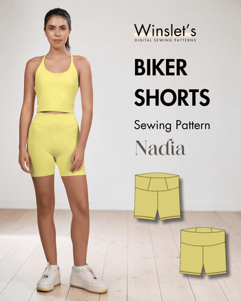 Winslet's Nadia biker shorts sewing pattern cover: model in a yellow crop top and matching biker shorts