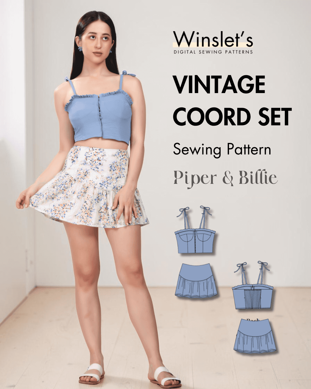 Vintage coord set sewing pattern Blue vintage crop top with tie straps and ruffled edges