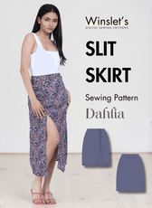 Women's midi slit skirt sewing pattern with ruched side and high slit