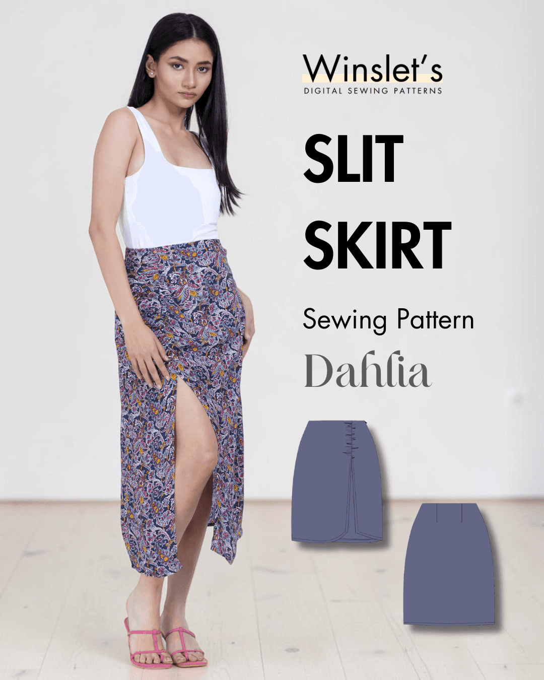 Women's midi slit skirt sewing pattern with ruched side and high slit
