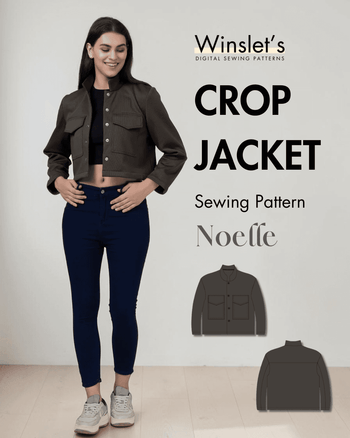 Women's cropped jacket sewing pattern 'Noelle' with front flap pockets and stand collar