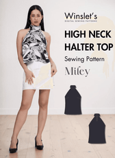 High neck halter top sewing pattern 'Miley' with black and white floral design