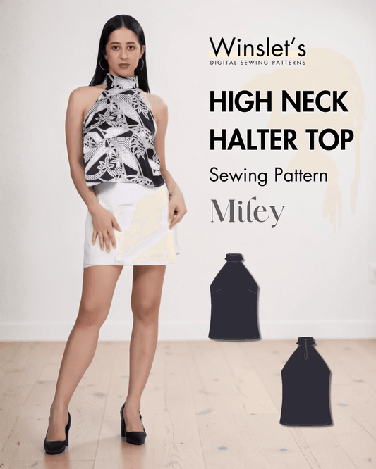 High neck halter top sewing pattern 'Miley' with black and white floral design