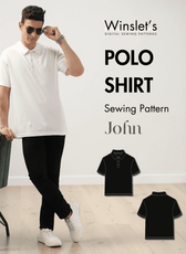 Men's polo shirt sewing pattern with short sleeves, v-neck, button placket, point collar, knit fabric, preppy style, easy beginner