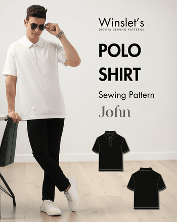 Men's polo shirt sewing pattern with short sleeves, v-neck, button placket, point collar, knit fabric, preppy style, easy beginner