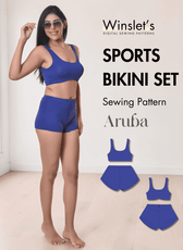 Sports bikini set sewing pattern with top and shorts bottom in blue