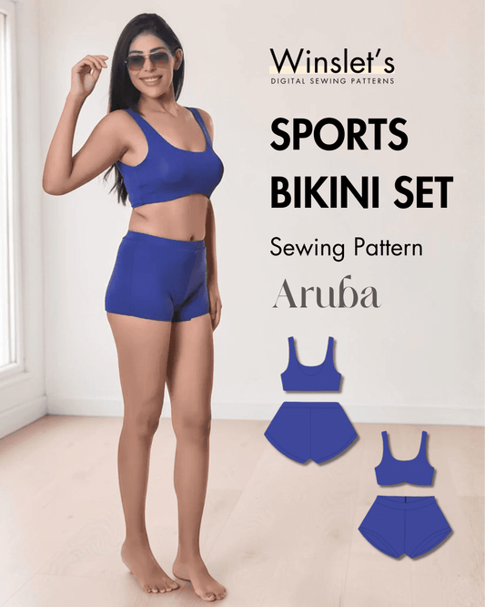 Sports bikini set sewing pattern with top and shorts bottom in blue