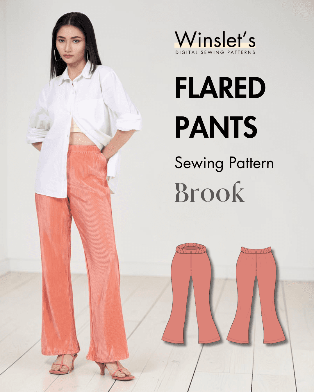 Women's flared pants sewing pattern 'Brook' with high waist and elastic waistband