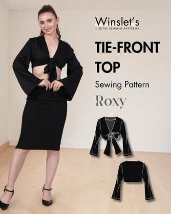 Winslet's Roxy tie front top sewing pattern cover: model in a black tie-front top with a pencil skirt