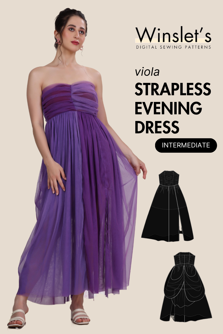 Strapless evening gown PDF sewing pattern 'Viola' with sweetheart neckline, ruched bodice, ankle-length slit, and back zipper for women.