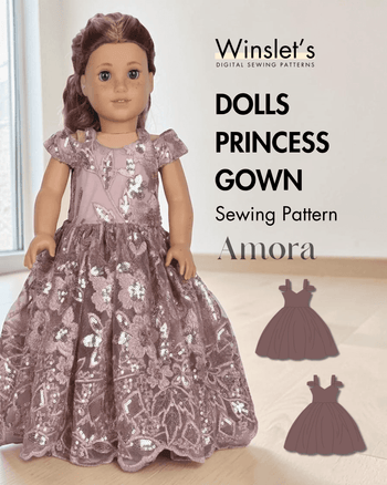 Doll princess gown sewing pattern with sequined fabric for 18-inch dolls