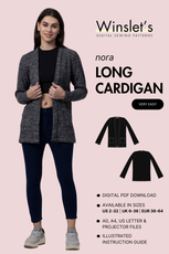 Long Cardigan Sewing Pattern 'Nora' from Winslet's, beginner-friendly with digital PDF download. Includes sizes US 2-32, UK 6-36, EU 36-64 with A0, A4, Letter, and projector files.