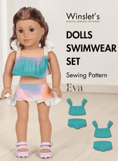 Doll swimwear set sewing pattern with two-piece swimsuit and frill options