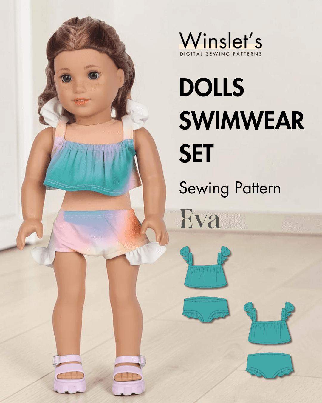 Doll swimwear set sewing pattern with two-piece swimsuit and frill options
