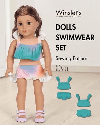 Doll swimwear set sewing pattern with two-piece swimsuit and frill options