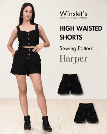 Black high waisted shorts sewing pattern with buttons