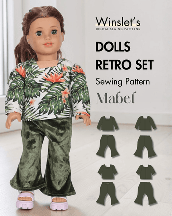 Doll with floral top and velvet flared pants sewing pattern