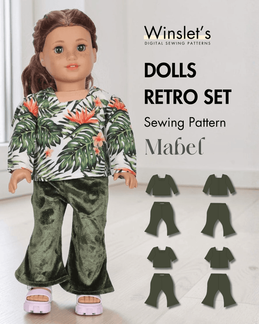 Doll with floral top and velvet flared pants sewing pattern
