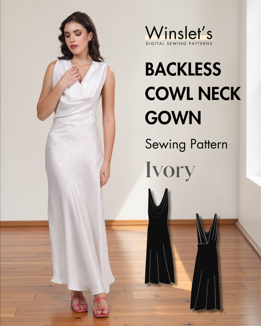 Backless Cowl Neck Gown Sewing Pattern 'Ivory'