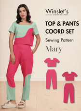 Women's color block coord set sewing pattern 'Mary' with wide square neckline and color-blocked top and pants