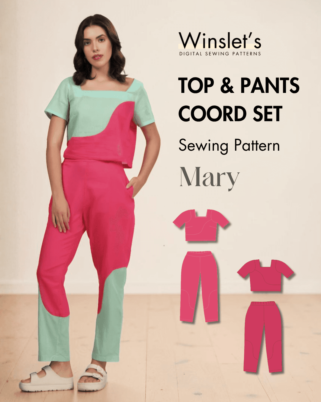 Women's color block coord set sewing pattern 'Mary' with wide square neckline and color-blocked top and pants