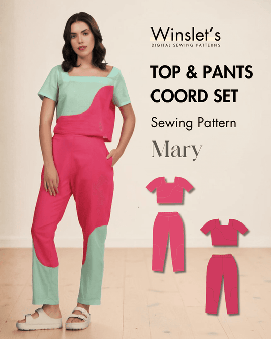 Women's color block coord set sewing pattern 'Mary' with wide square neckline and color-blocked top and pants
