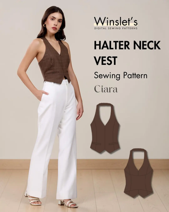 Winslet's Ciara halter neck vest sewing pattern cover: model in a brown halter vest with white trousers