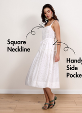 Back view of white sundress with zipper and adjustable straps