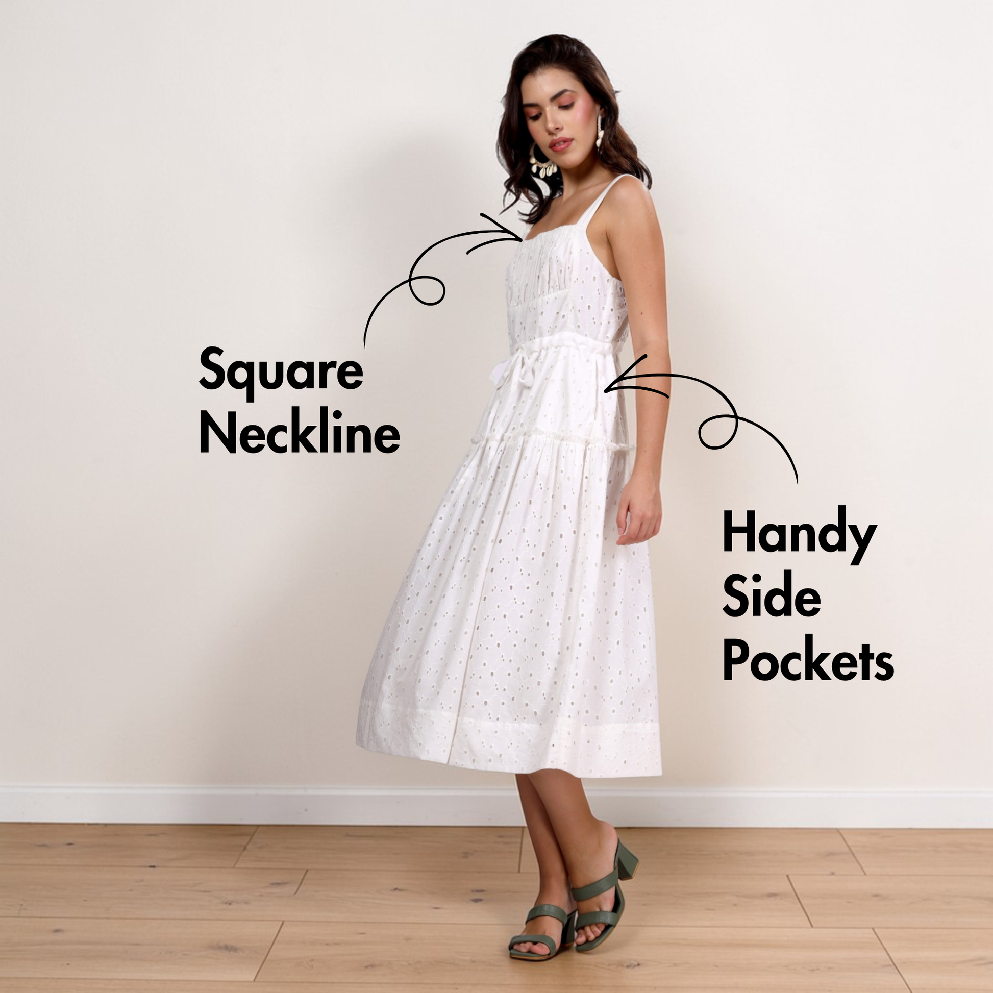 Back view of white sundress with zipper and adjustable straps